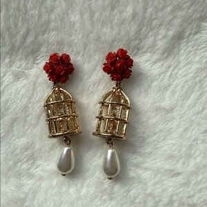 Elegant Gold and Red Floral Cage Earrings